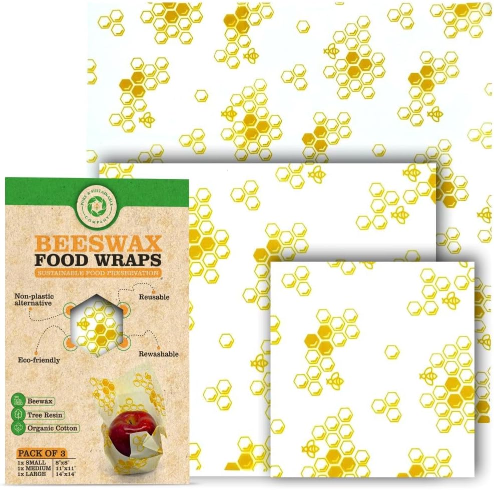 PURE SUSTAINABLE COMPANY Beeswax Wraps - Food Storage -Pack of 3– Sustainable – Reusable - Certified Organic Cotton Size S,M,L