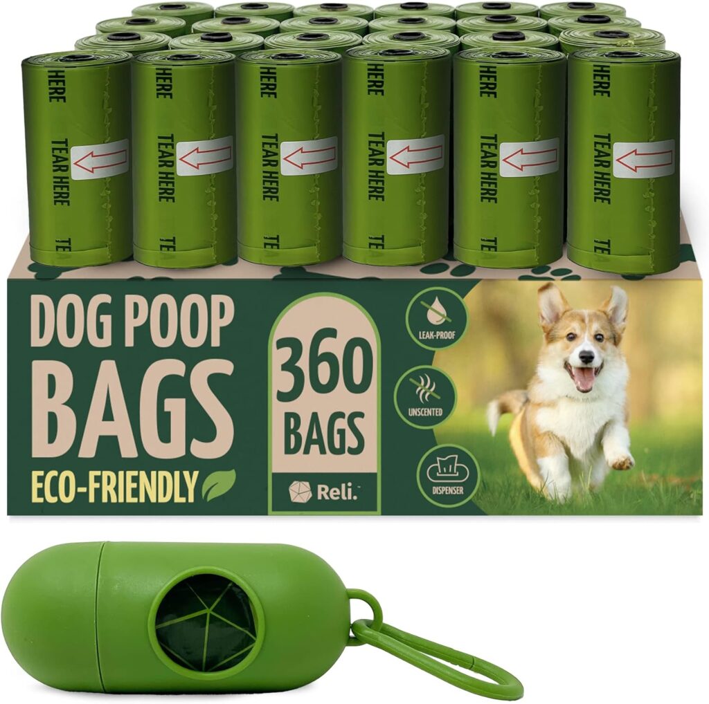 Reli. Biodegradable Dog Poop Bags w/Holder (360 Bags - 24 Rolls) | 9x13 Large Dog Bags for Poop w/Dispenser | Green, Eco-Friendly Doggie Poop Bag |Oxobiodegradable Pet Waste Bag Refills | Unscented