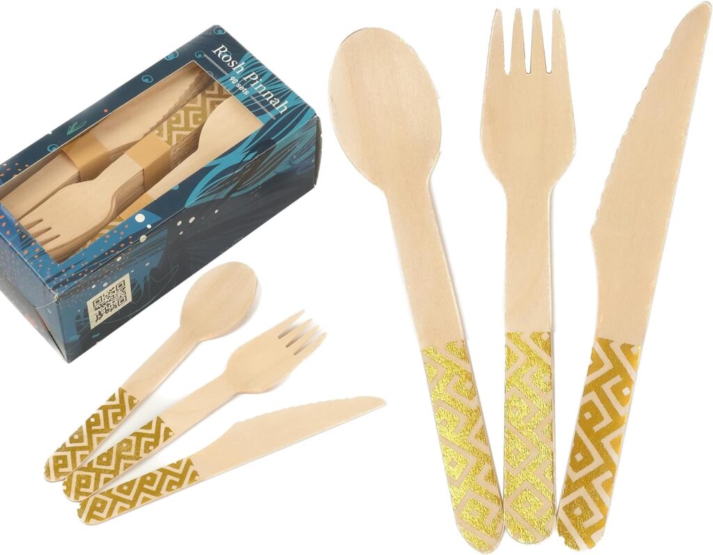 Rosh Pinnah, Disposable Wooden Cutlery Set, Stylish Gold-Foiled Utensils, 90 Pcs (30 Forks, 30 Knives, 30 Spoons) - 100% Compostable Biodegradable (Gold)
