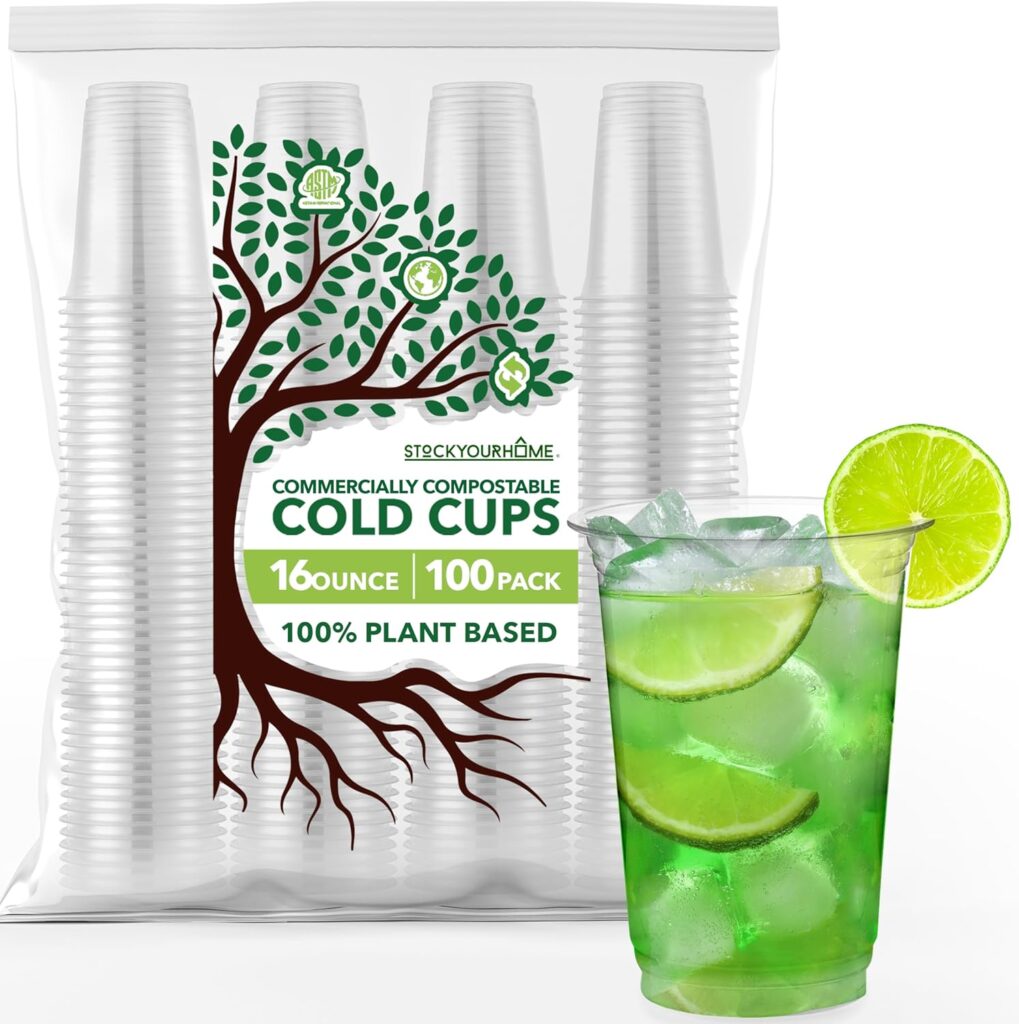 Stock Your Home 16 oz Clear Commercially Compostable Cold Cups (100 Pack) Plant Based Eco Party Cup, Environmentally Friendly Recyclable Disposable Sustainable for Water, Wine, Beer Sample