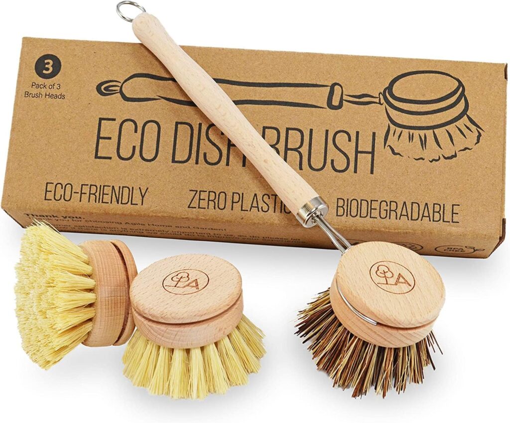 Wooden Dish Brush Eco Sponge Set - Eco Friendly Cleaning Products - Low-Waste Wooden Dish Washing Brush - Dish Brush Set with 3 Replacement Heads - Eco Friendly Agile