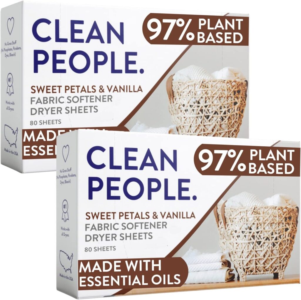Clean People All Natural Fabric Softener Sheets - Dryer Sheets - Softens Removes Static Cling - Vegan Laundry Softener, Essential Oils - Sweet Petals, 2 x 80 Pack