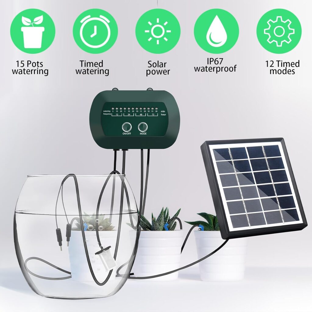 Garden Drip Irrigation System Solar Powered,Automatic Solar Drip Irrigation Kit Watering System, Anti-Siphon Design for Potted Plants Greenhouse, 12 Timing Modes Plant Watering Devices