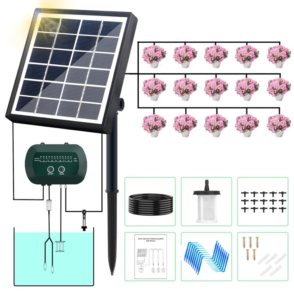 Garden Drip Irrigation System Solar Powered,Automatic Solar Drip Irrigation Kit Watering System, Anti-Siphon Design for Potted Plants Greenhouse, 12 Timing Modes Plant Watering Devices