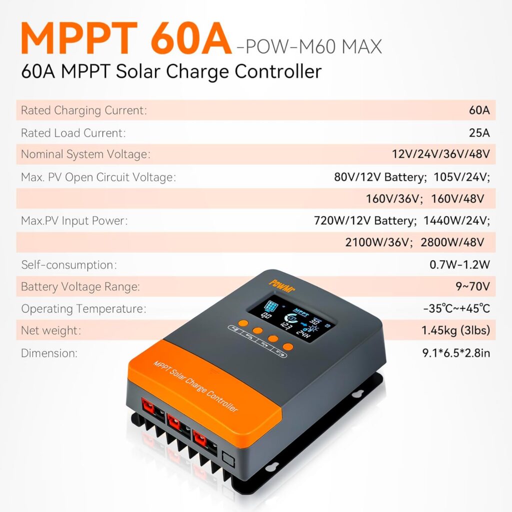 PowMr 60A MPPT Solar Charge Controller 12V 24V 36V 48V Auto, Solar Charge Regulator 60amp w/Large LCD Display, Work with AGM, Gel, Flooded and Lithium Batteries,Plug-and-Play【Update Version】