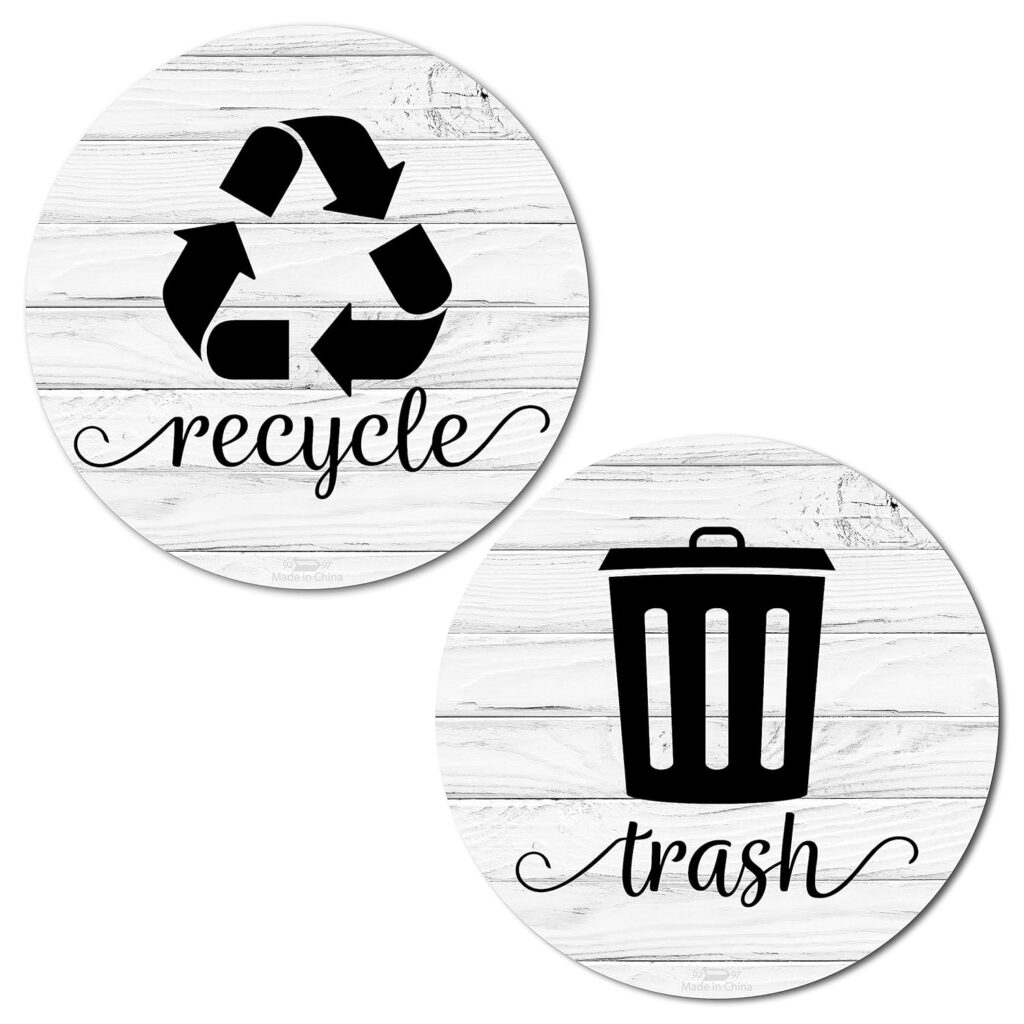 Rustic Trash Recycle Magnets for Kitchen Trash Can and Recycle Bin, Farmhouse Garbage Can Logo Symbol Magnet, 3.5 x 3.5 Inch Recycle Sticker for Trash Can with 4 Adhesive Stickers, White Wood 2 Pack