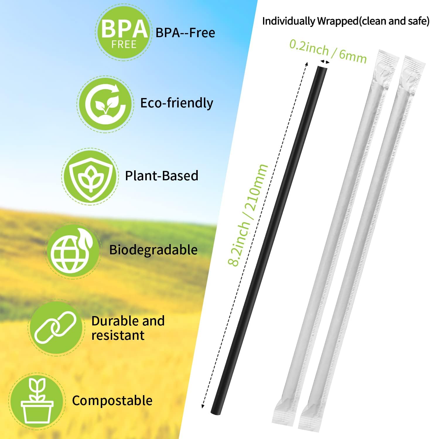 [300 Pcs] Biodegradable Compostable Individually Wrapped Straws - PLA Disposable Plant Based Eco Friendly Black Straws (8.25 LongX0.23 Wide)