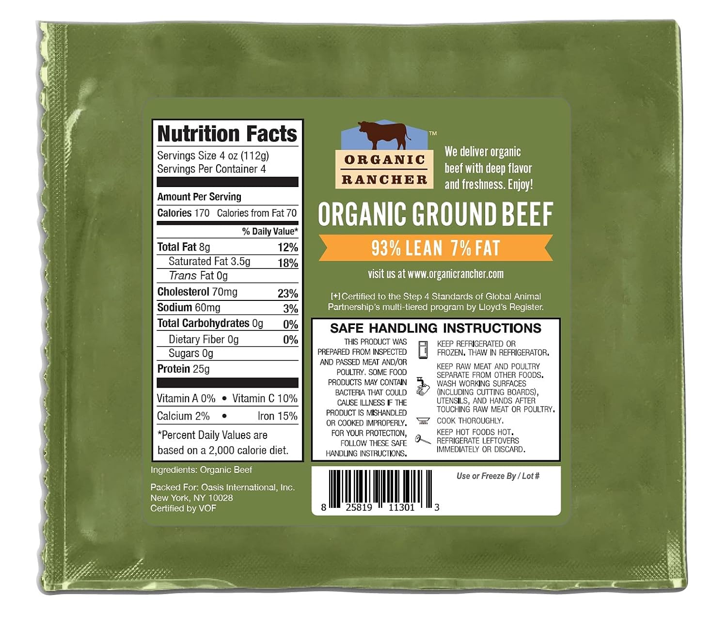 Organic Rancher Organic Ground Beef 93% Lean/7% Fat, 16 OZ