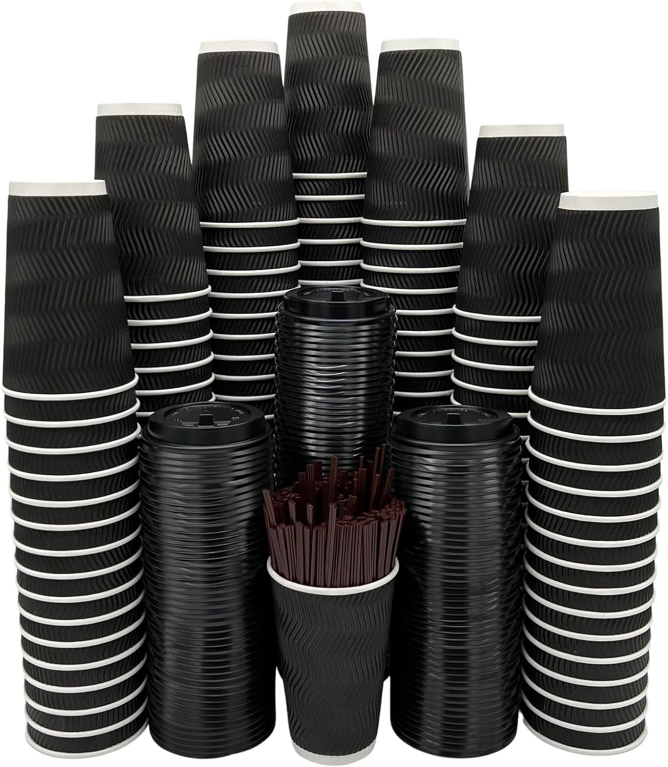 Premium [150 Pack] 16 oz Double Ripple Wall Disposable Hot Coffee Cups with Lids and Straws | Leak-proof and Insulated Design | Eco-Friendly | Perfect for Home, Office, and Travel