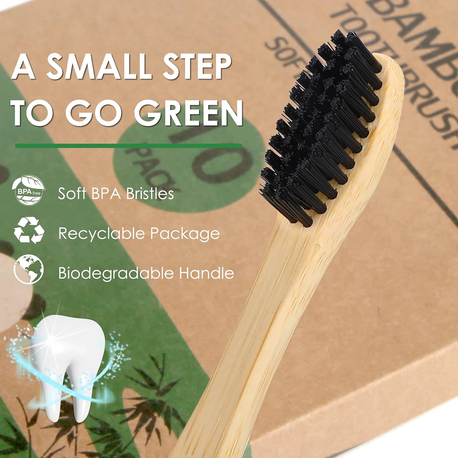 Bamboo Toothbrushes Soft Bristles- 10 Pack Eco-Friendly Toothbrush for Adult, BPA-Free Natural Biodegradable Compostable Charcoal Wooden Tooth Brush