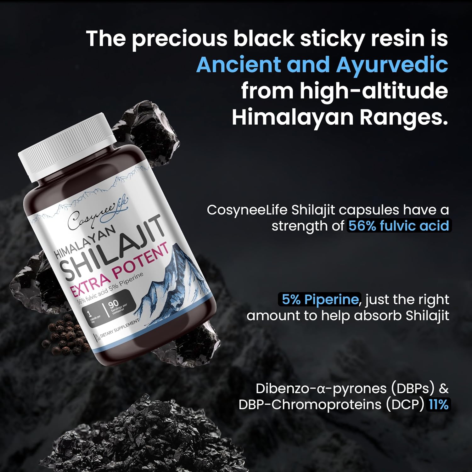 SHILAJIT Pure Himalayan, Natural, Organic - 90 Count | 5% Piperine | 56% FULVIC Acid for Maximum Potency | 85+ Trace Minerals | Metabolism, Energy, Cognitive Function
