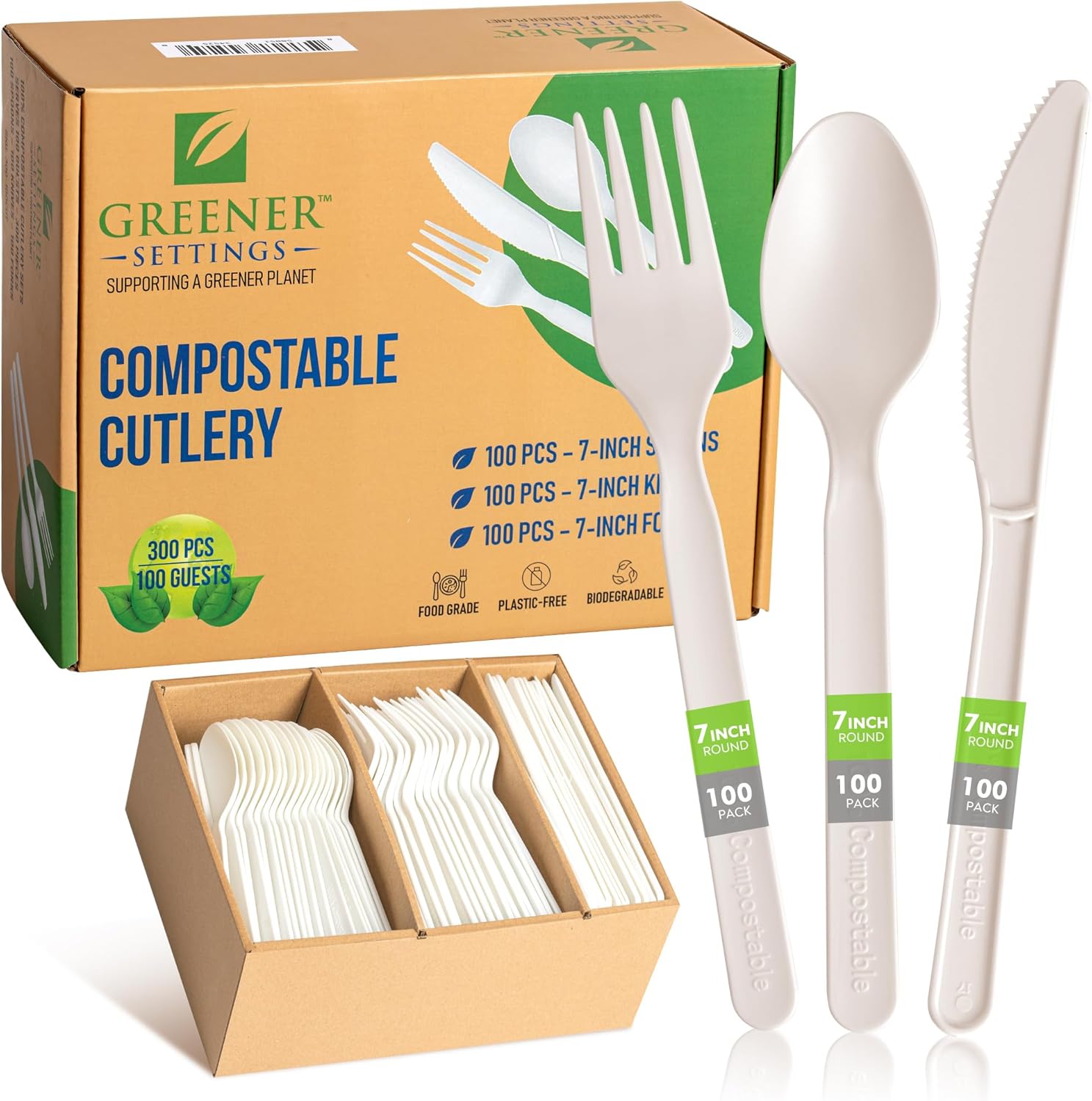 100% Compostable Forks Spoons Knives Cutlery Combo Set - 300 Disposable Utensils 7 Durable Heat Resistant Alternative to Plastic Silverware with Convenient Tray - Greener Settings (100 Sets)