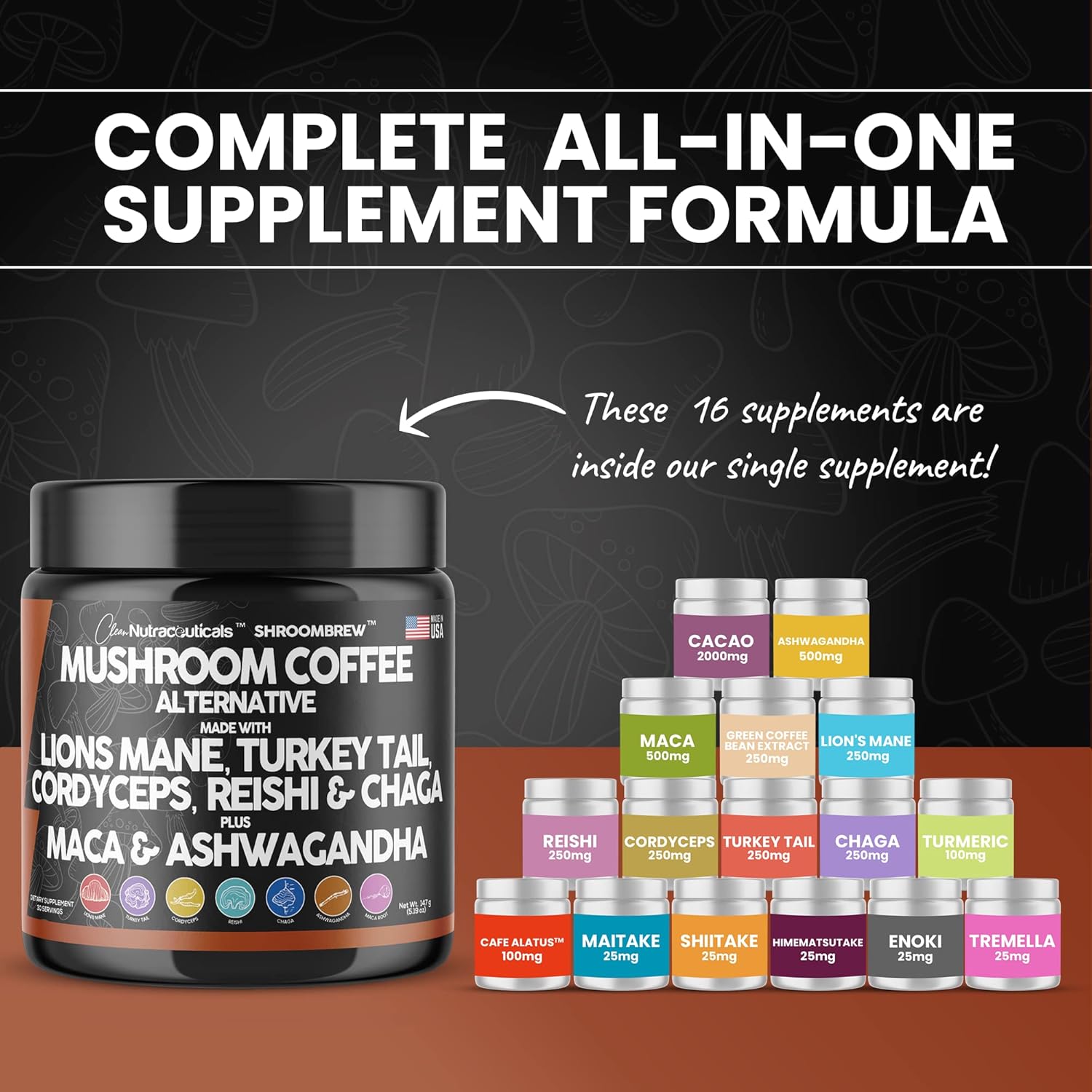 Clean Nutraceuticals Mushroom Coffee Alternative Mix - Maca Coffee with Lions Mane Mushroom, Cordyceps  Ashwagandha - Cacao Based with Maca Root, Turkey Tail, Chaga  Reishi Mushroom - USA Made