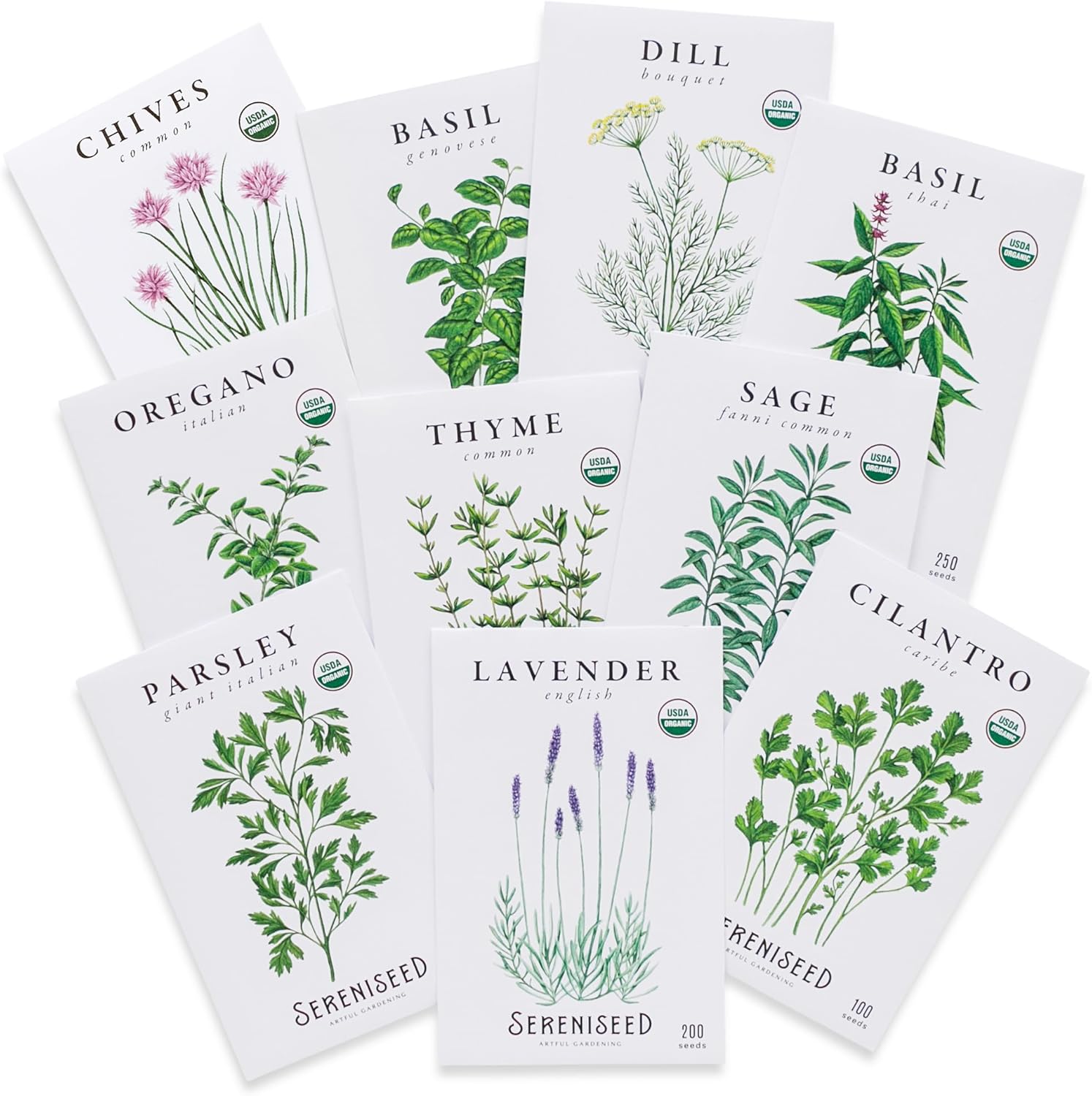 Sereniseed Certified Organic Herb Seeds (10-Pack) – Non GMO, Heirloom – Seed Starting Video - Basil, Cilantro, Oregano, Thyme, Parsley, Lavender, Chives, Sage, Dill Seeds for Indoor Outdoor Planting